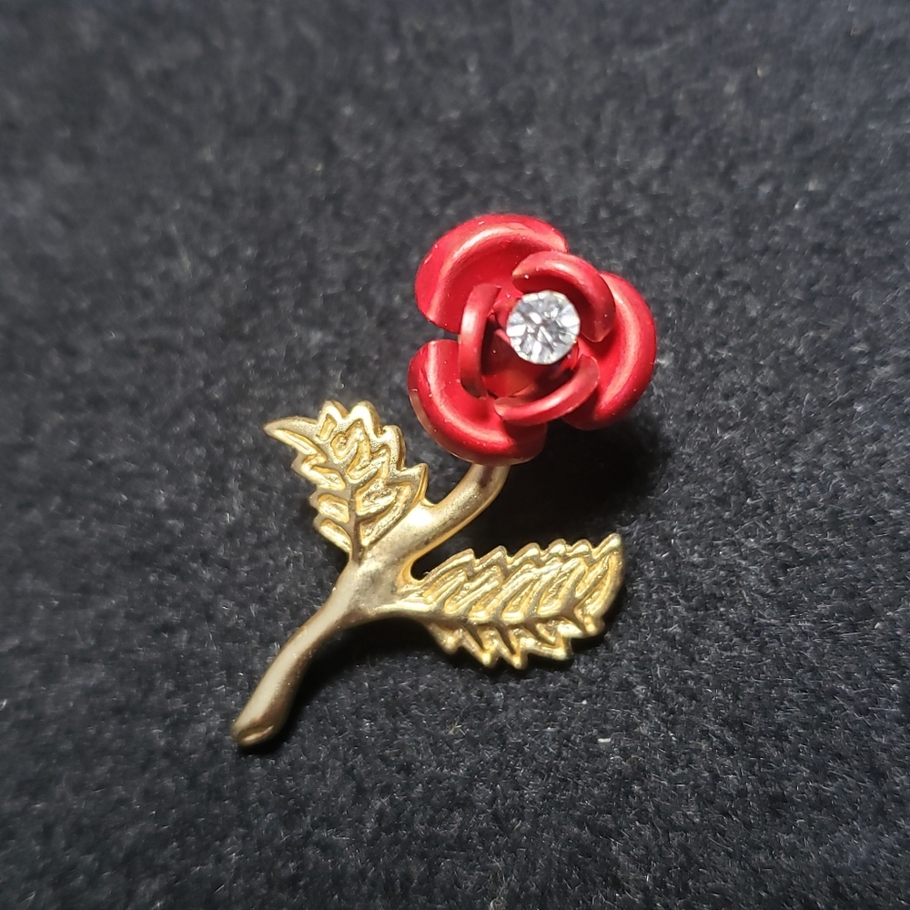 Red Rose Pin With Rhinestone Accent - Picture 3 of 9